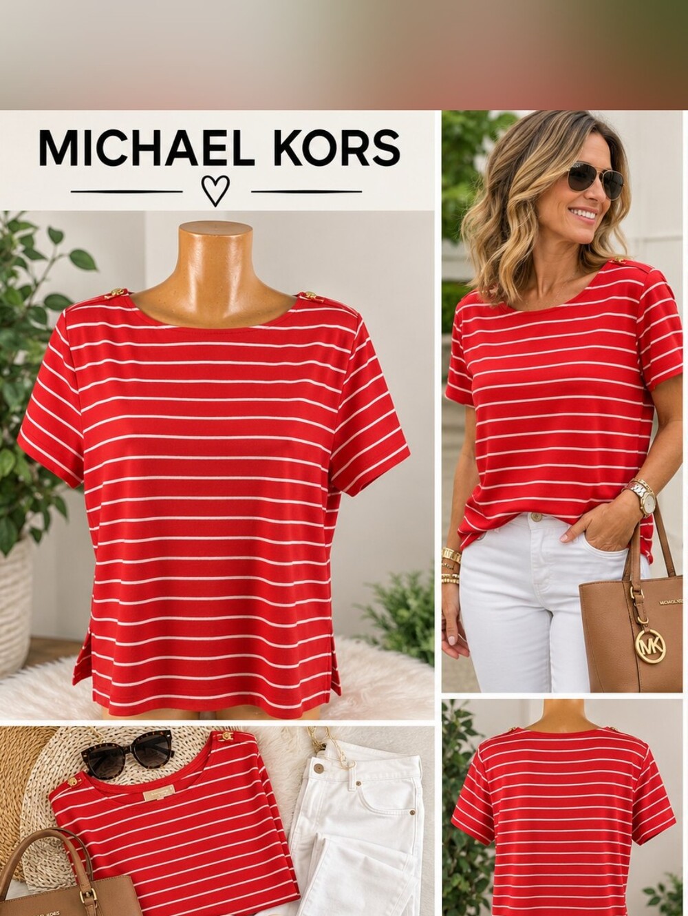 Michael Kors Orange and White Striped Short Sleeve Top w/ Gold Shoulder Accents